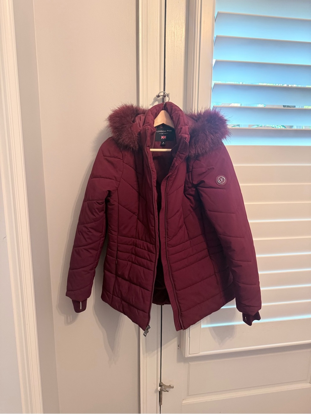 London Fog Women's Burgundy Quilted Hooded Puffer with Faux Fur Trim
